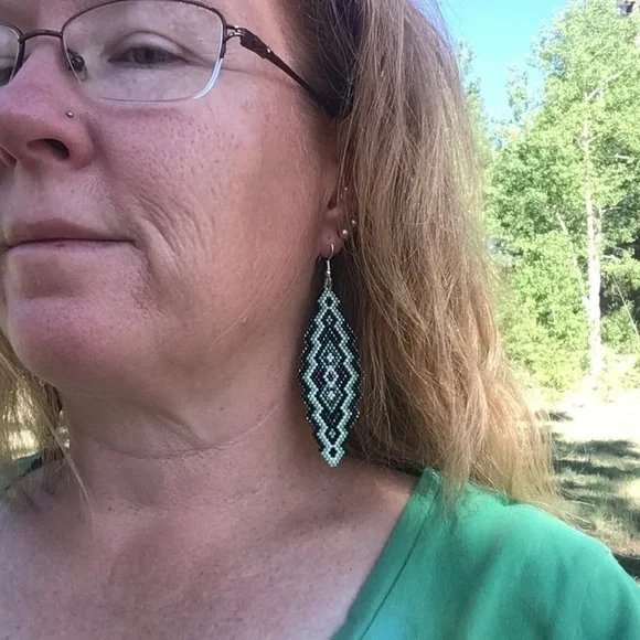 Mint Green, Black and Gunmetal Southwest Beaded Earrings, New, Handmade by Me - Picture 5 of 7